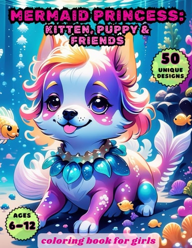 Mermaid Princess Kitten, Puppy and Friends Coloring Book for Girls and Kids Ages 6-12: Enchanting and Cute Cats, Dogs, Rabbits, Bunnies, Foxes, Raccoons, 50 Unique Designs of Animals in Sea Marine Adorable Style on Coloring Pages