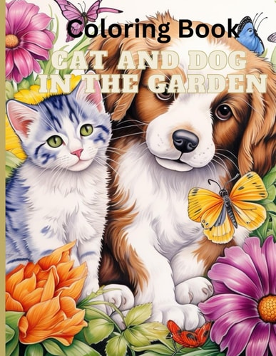 Coloring Book Cat and Dog in the Garden for Fun, Relaxation and Stress Relief
