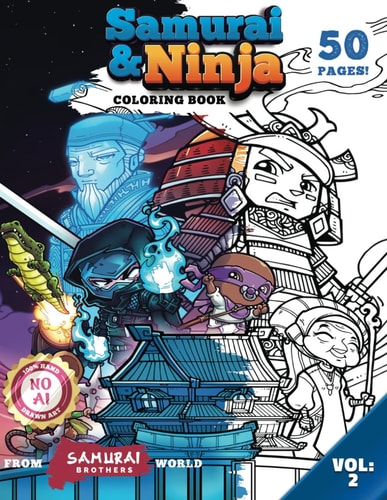 Samurai & Ninja Coloring Book 50 Pages of Hand Drawn Chibi Art Volume 2