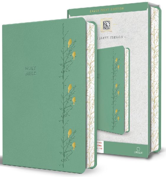 KJV Holy Bible, Large Print Medium Format, Green with Birds Faux Leather W/ Ribbon Marker, Red Letter